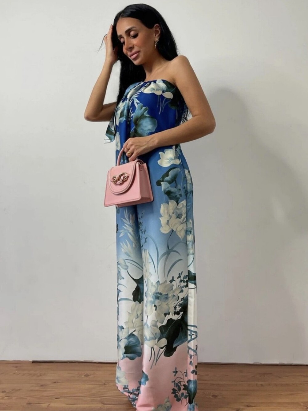 Zara Blue Pink Floral Strapless Wide-Leg Jumpsuit